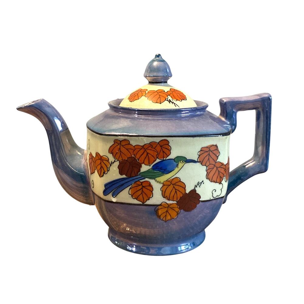 Vintage MW Hand Painted Japan Bird Teapot Blue Luster Autumn Leaves 1950s